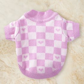 Dog Striped Knitted Sweater Cardigan Clothing (Option: Pink Checkerboard Grid-L)